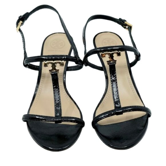 TORY BURCH~T-Logo~BLACK PATENT SAFFIANO HEELED STRAPPY SHOES 7.5M - Picture 3 of 7